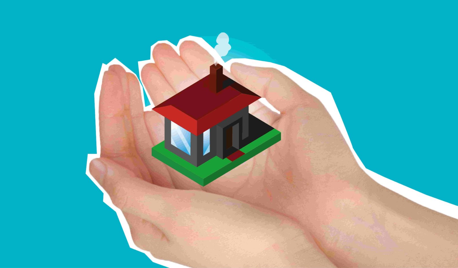 Two hands cradle a small, cartoonish house with a red roof and green lawn against a blue background, symbolizing the protection and care that insurance provides.