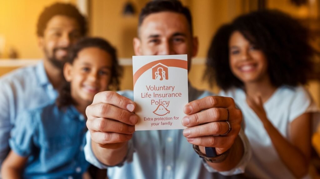 A person holds a pamphlet titled Voluntary Life Insurance Policy with a family symbol and the words Extra protection for your family. In the background, a smiling family of four is seated together.