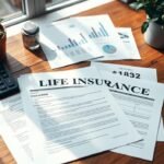 Sunlight bathes a desk adorned with Investors Life Insurance documents, graphs, a calculator, and plants. The papers display charts and figures, reflecting financial planning or insurance evaluation in this bright, organized workspace.