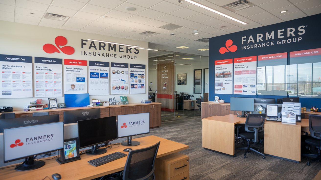 Interior of a Farmers Insurance Group office featuring desks with computers and branded signage on the walls. Posters display various insurance options. The room is well-lit with natural light from windows.