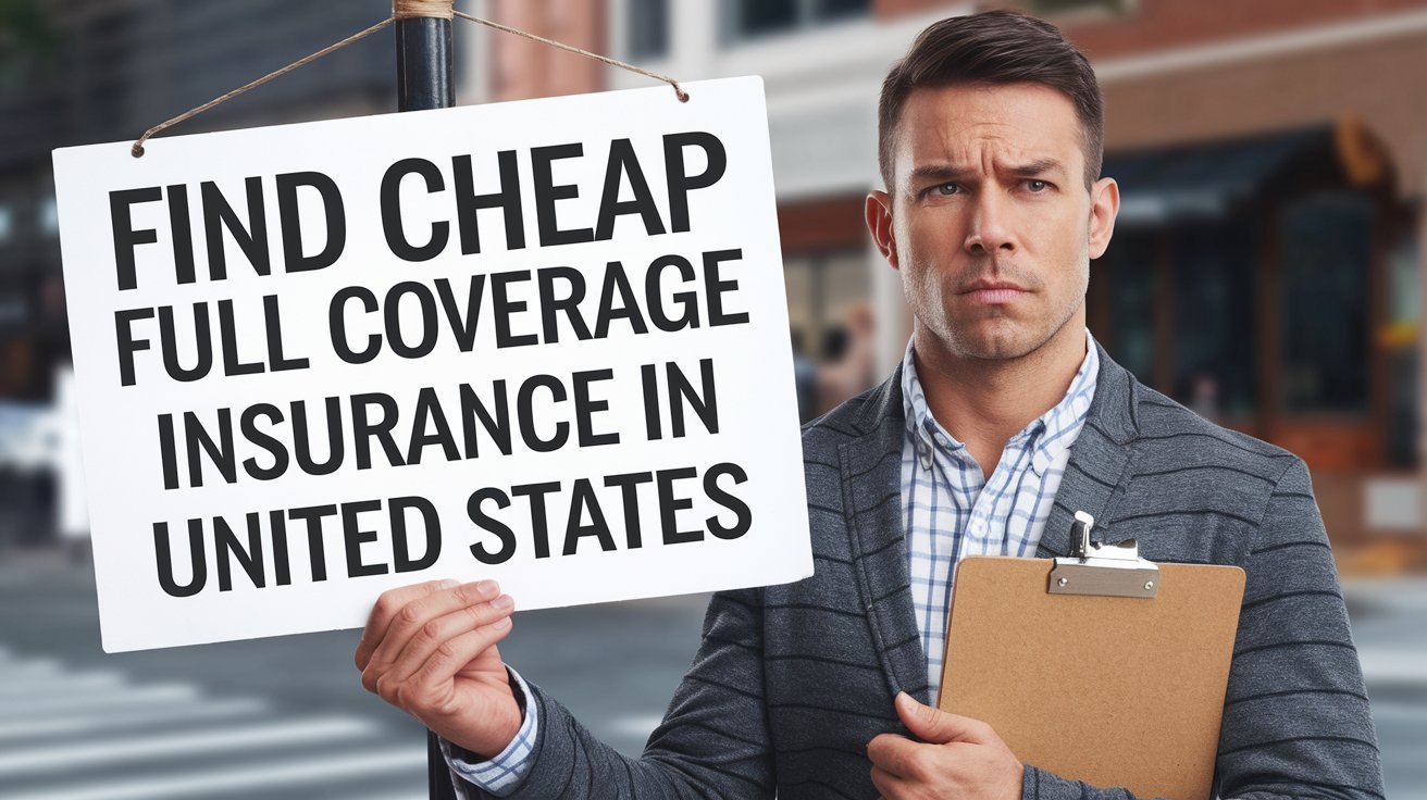 A man in a suit holds a clipboard and a sign reading Find cheap full coverage insurance in United States on a city street.