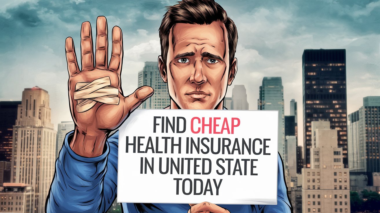 Illustration of a worried man holding a sign that reads, Find affordable health insurance in the United States today. The man raises one hand with bandaged fingers, set against a city skyline backdrop.