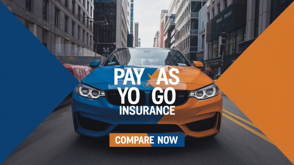 A car with a split blue and orange design is driving down a city street. The text on the image reads: Pay As You Go Insurance in bold white letters, and Compare Now in an orange box below. Buildings line the street on both sides.