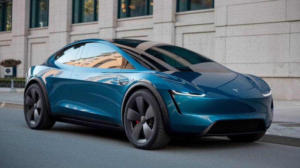 A sleek, modern Tesla Model Q 2025 with a glossy blue finish is parked on a city street. This electric car features a streamlined design with tinted windows and black wheels. An urban building stands majestically in the background.