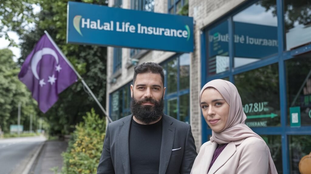 A man with a beard and a woman wearing a hijab stand outside a building with a Halal Life Insurance sign. The woman smiles softly, and there is a flag with crescent moon symbols nearby. Trees line the road in the background.