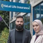 A man with a beard and a woman wearing a hijab stand outside a building with a Halal Life Insurance sign. The woman smiles softly, and there is a flag with crescent moon symbols nearby. Trees line the road in the background.