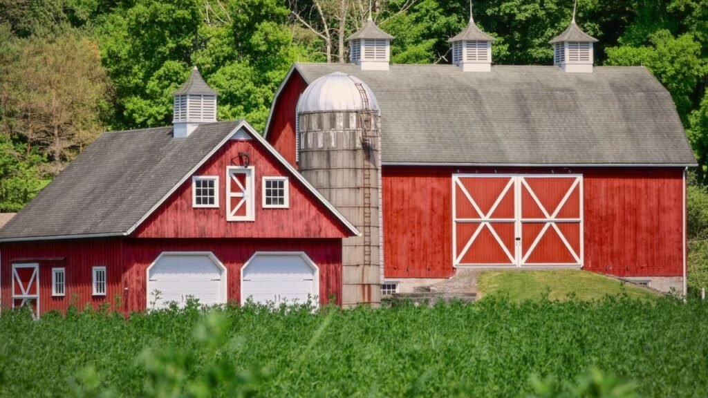 A picturesque scene of a classic red barn with a silo and two garages, set against a backdrop of vibrant green trees and lush vegetation under a clear blue sky. The barn features a large double door and cupolas on the roof.