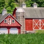 A picturesque scene of a classic red barn with a silo and two garages, set against a backdrop of vibrant green trees and lush vegetation under a clear blue sky. The barn features a large double door and cupolas on the roof.