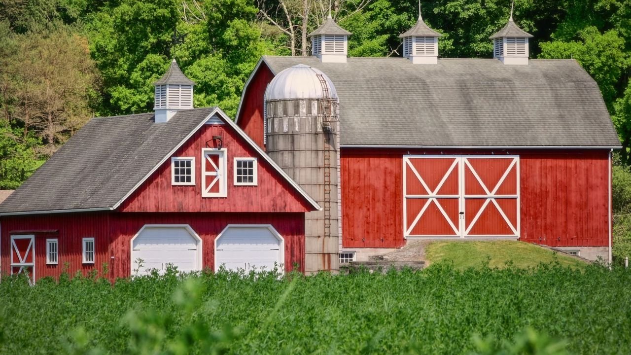 A picturesque scene of a classic red barn with a silo and two garages, set against a backdrop of vibrant green trees and lush vegetation under a clear blue sky. The barn features a large double door and cupolas on the roof.
